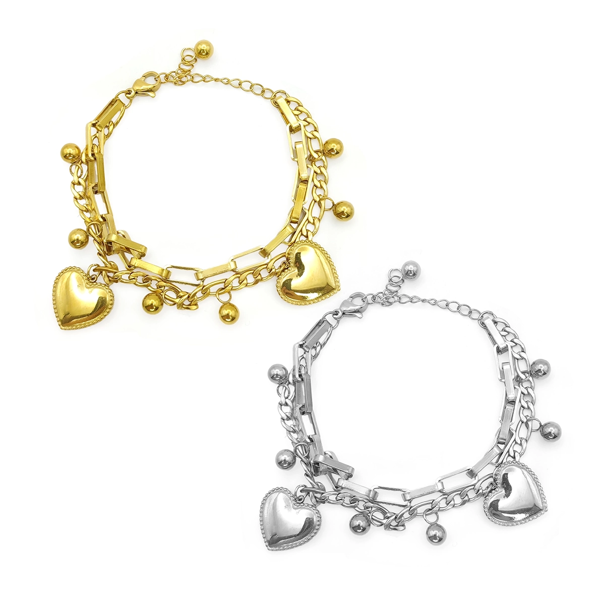 Pulsera Acero Doble Cadena Chunky Balin Corazones Grandes