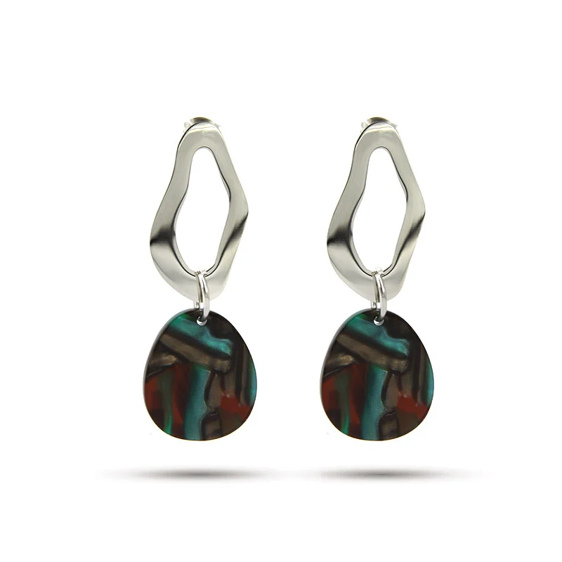 Aretes Acero Plateado Oval Colgante Acrilico Marmoleado