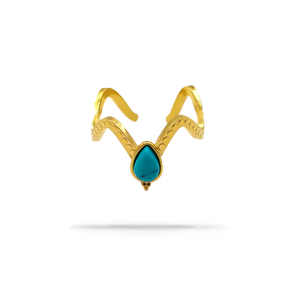 Anillo Acero Inox Dorado Ajustable Slim Zig Zag Turquesa