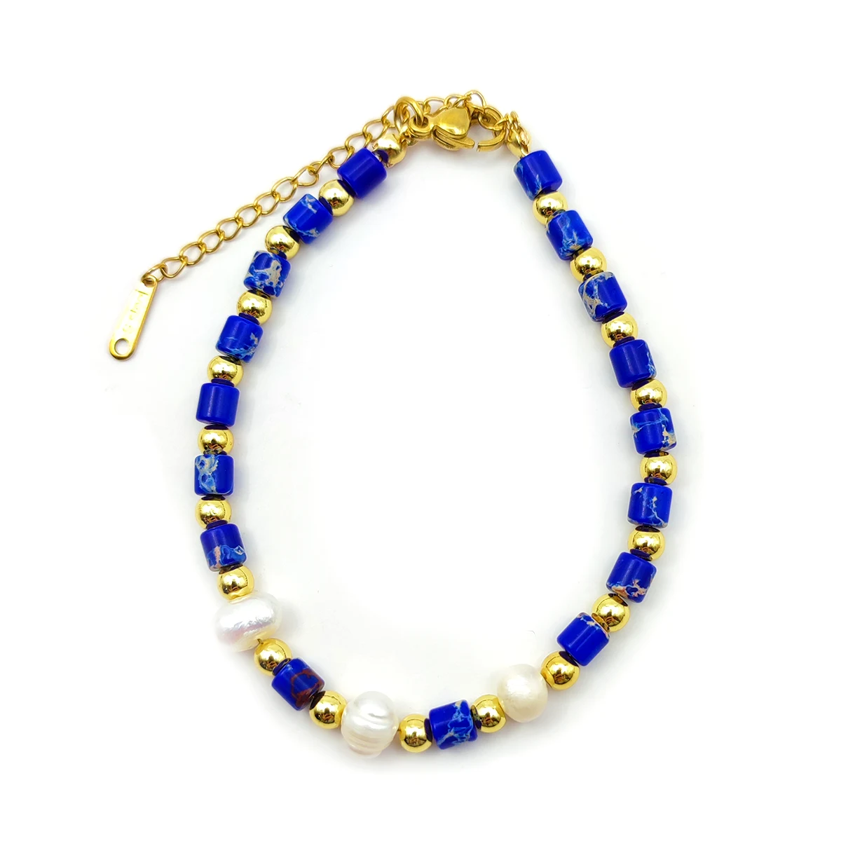 Pulsera Acero Inox Dorado Piedra Sodalita Perla de Río