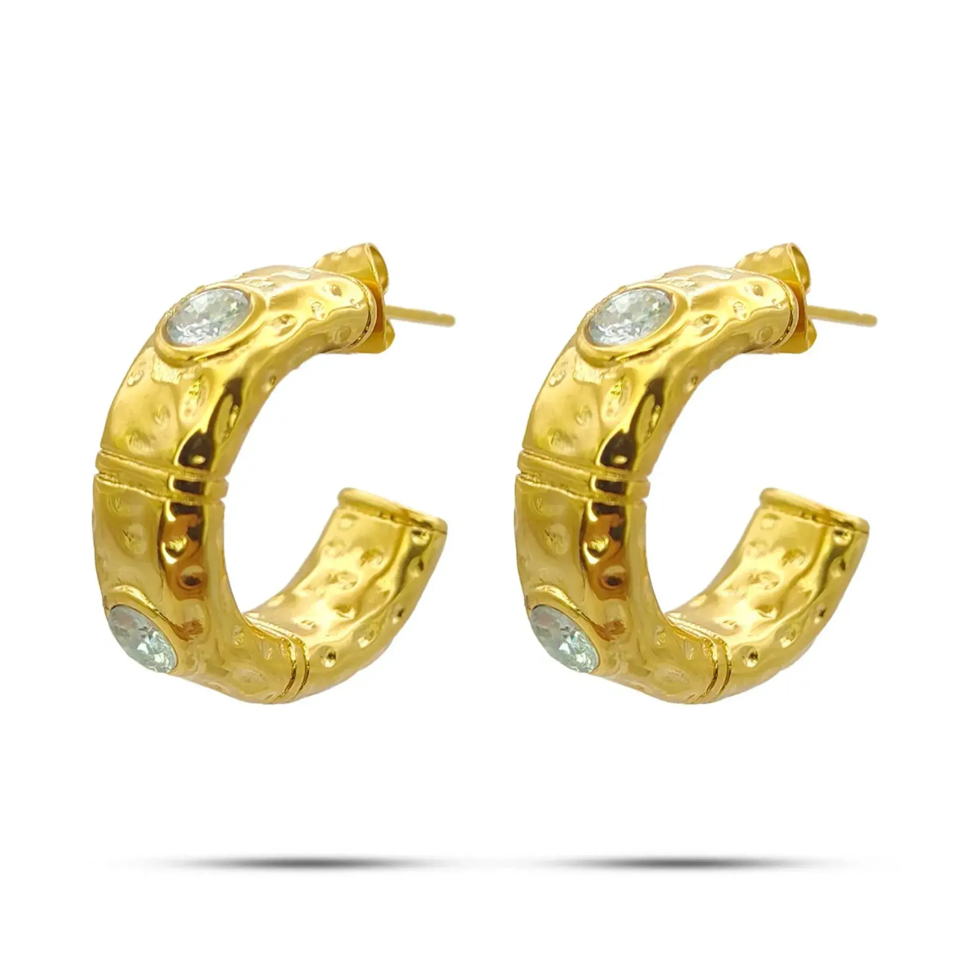 Aretes Acero Dorado Arracadas Bambú Martillado Cristales