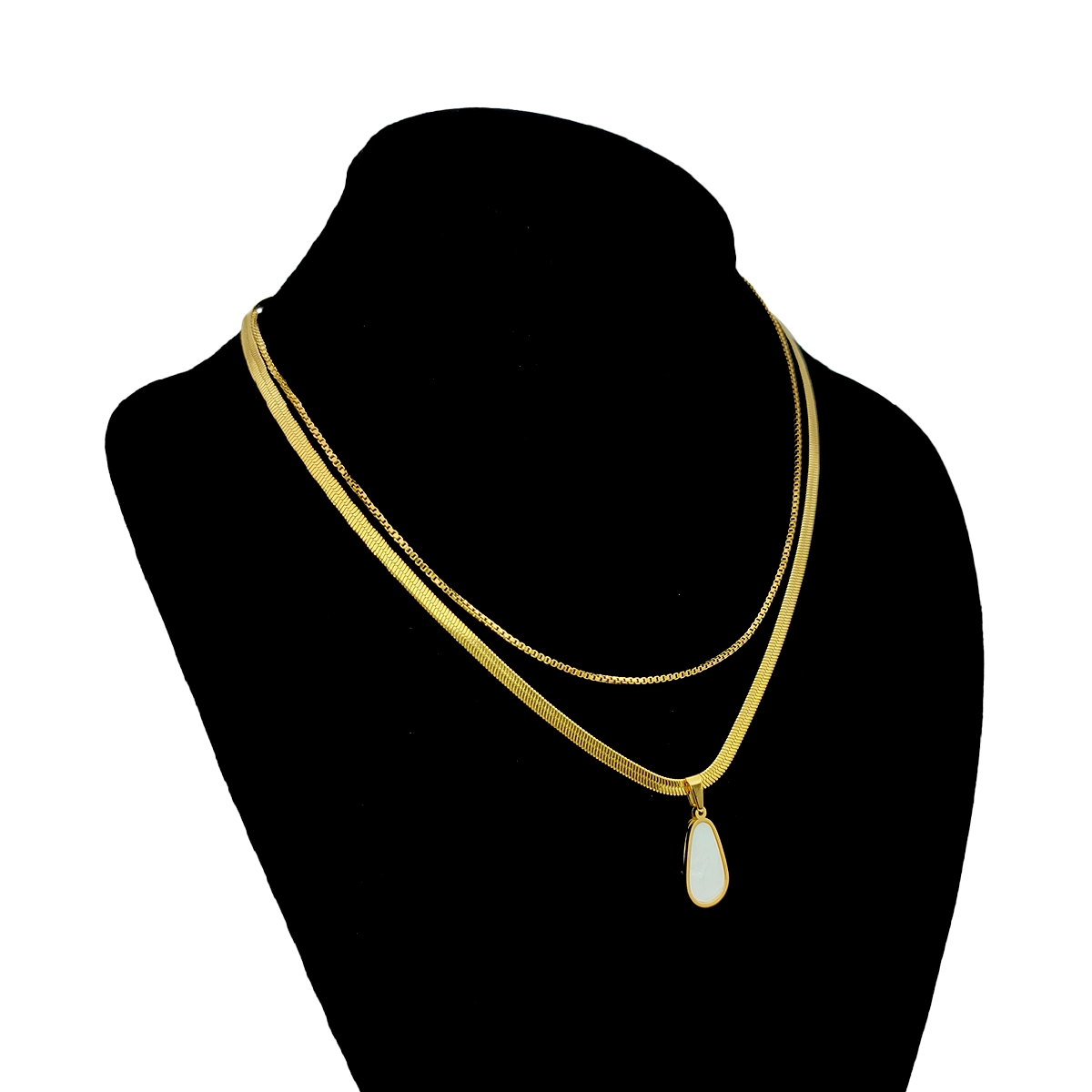 Collar Acero Dorado Doble Cadena Dije Gota Madre Perla