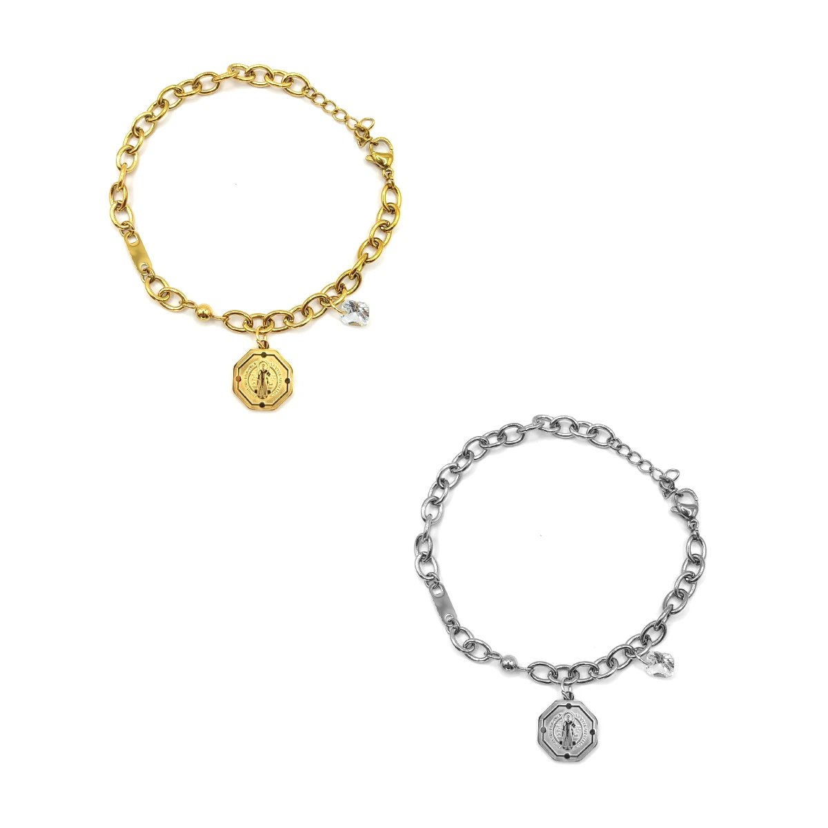 Pulsera Acero Inox Medalla San Benito Hexagonal Zirconia