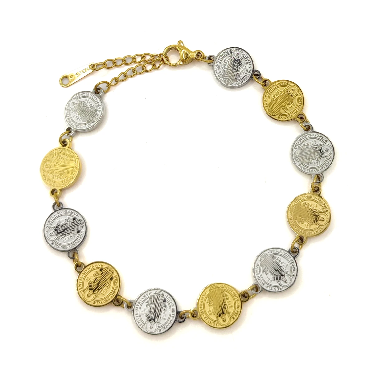 Pulsera Acero Bicolor Medallas Redondas San Benito