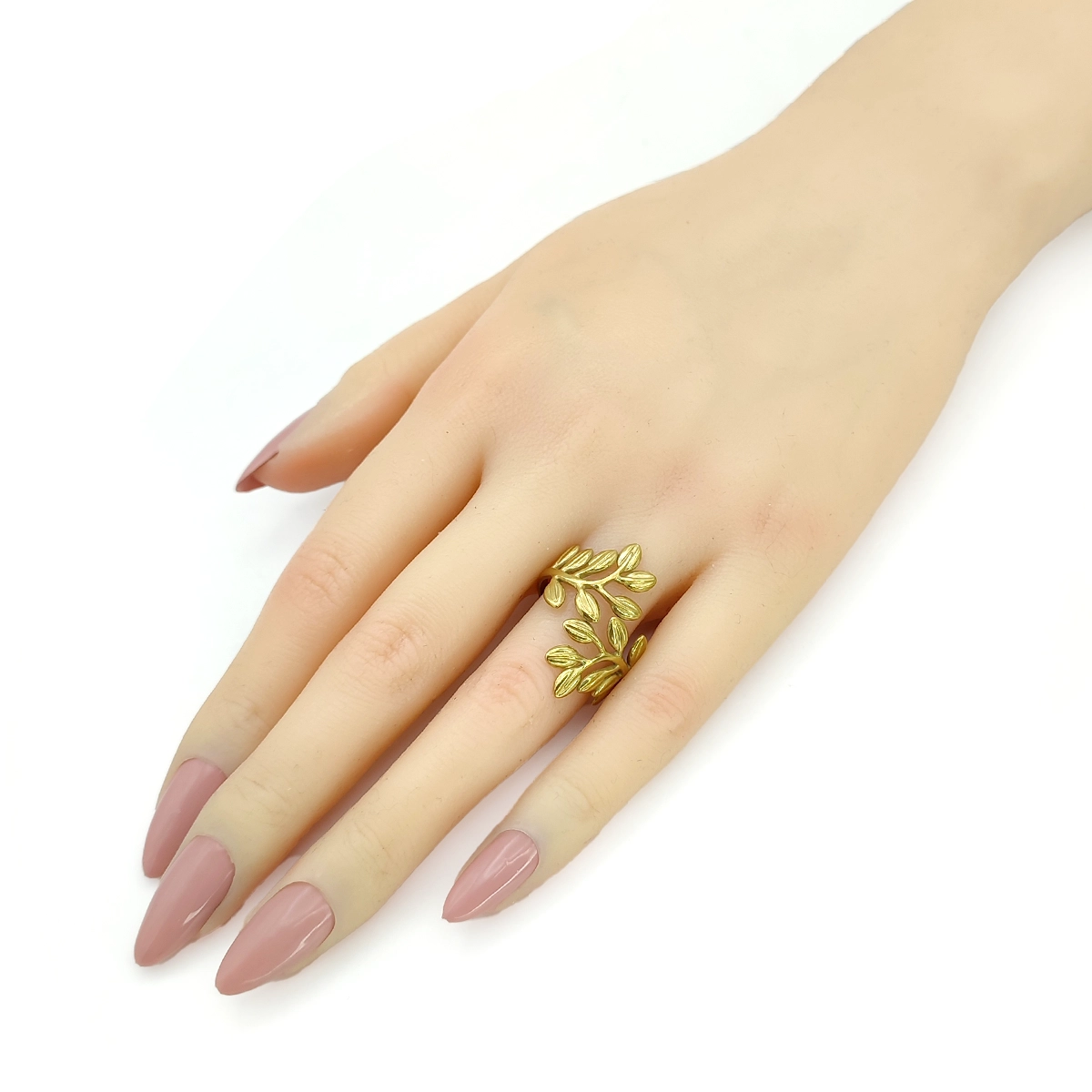 Anillo Acero Inox Dorado Hojas Onduladas Ajustable