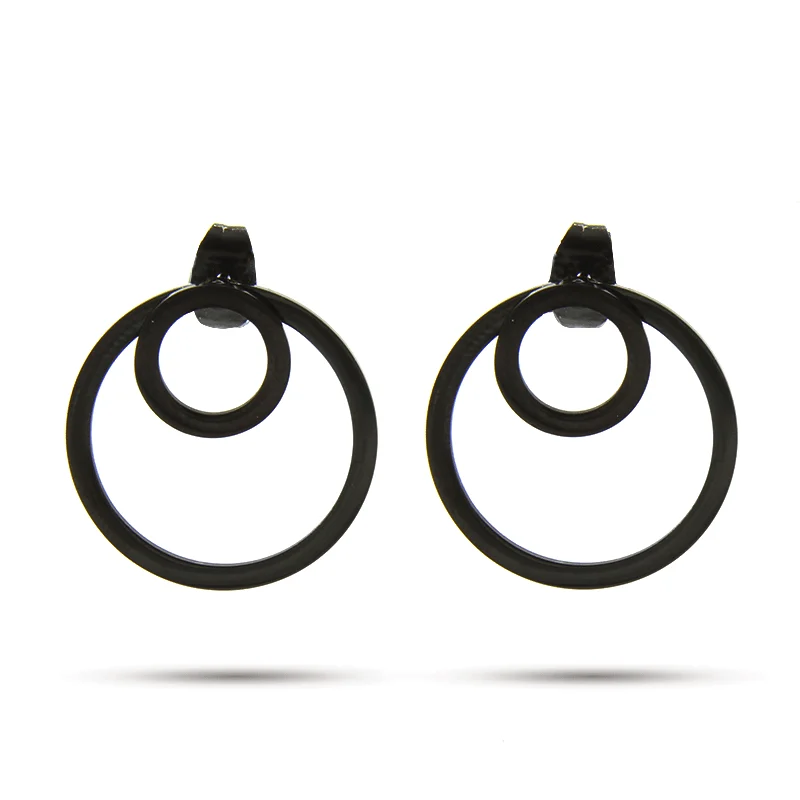 Aretes Acero Inox Negro Circulo Doble Huecas Minimalista
