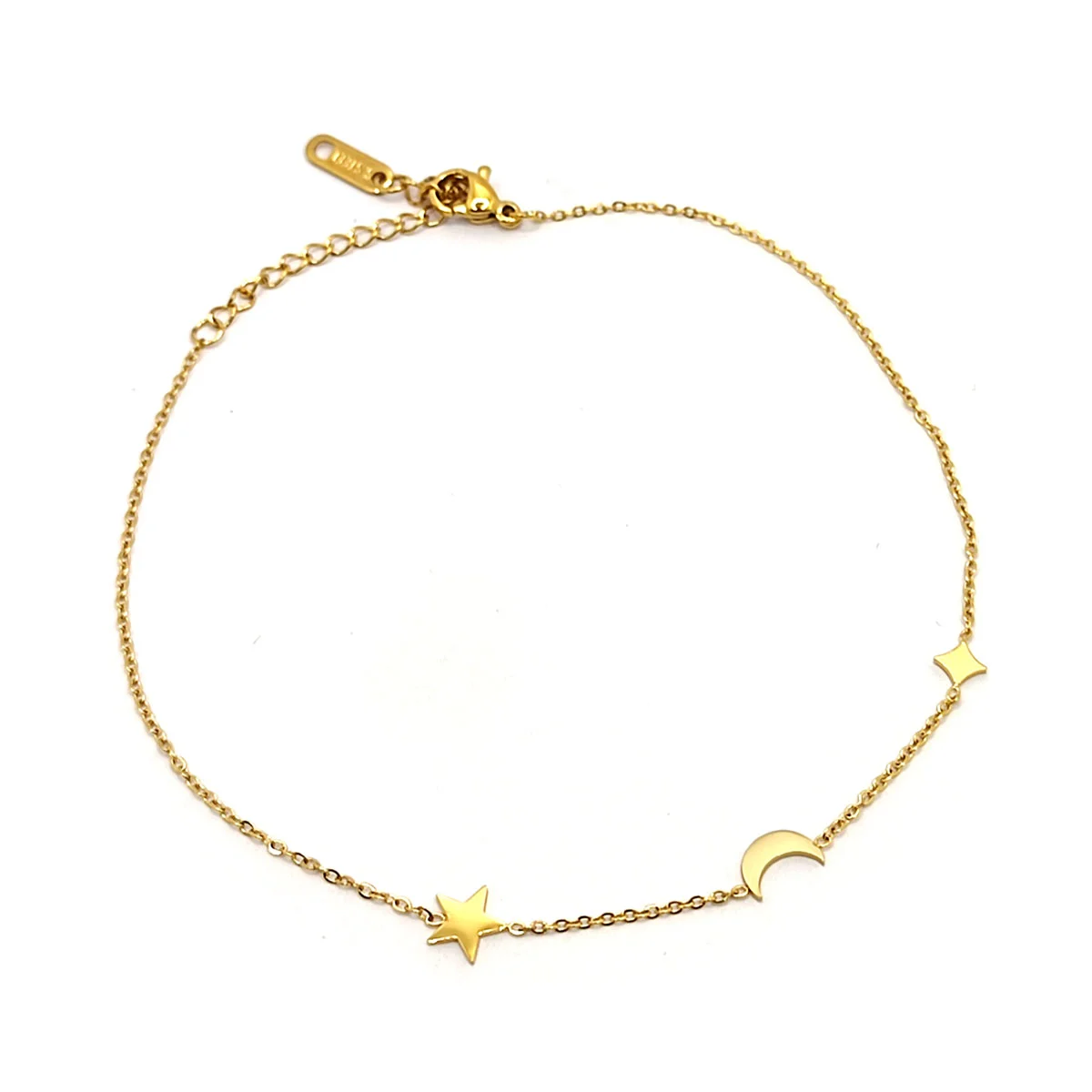 Tobillera Acero Dorado Estrellas y Luna Eslabon Delgado