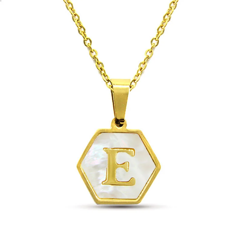 Collar Acero Inox Dorado Hexagonal Letra E Madre Perla