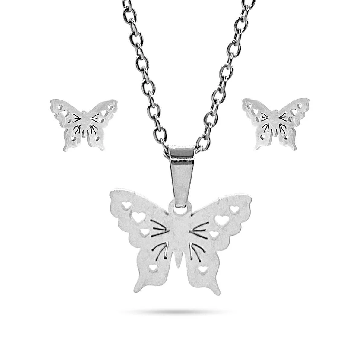 Set Joyería Collar Y Aretes Acero Plata Mariposa De Mujer