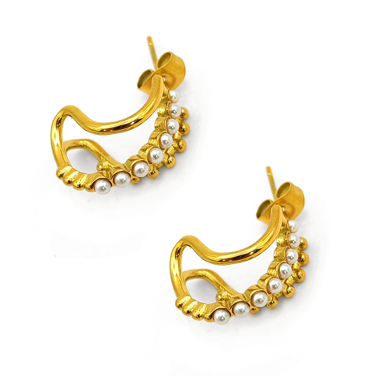 Aretes Acero Dorado Media Arracada Triple Fila Perlas