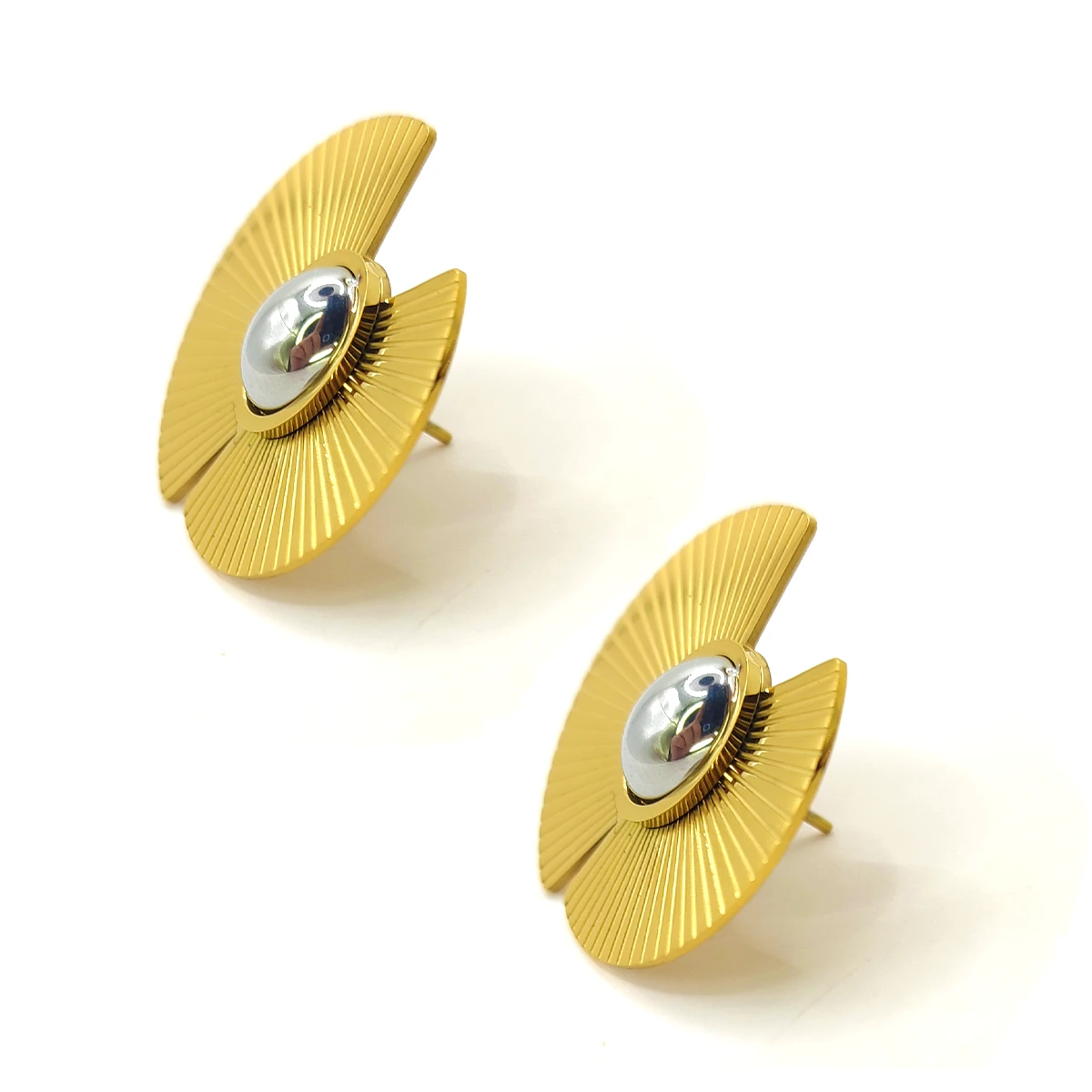 Aretes Acero Bicolor Abanico Lineal Centro Ovalo Elegante