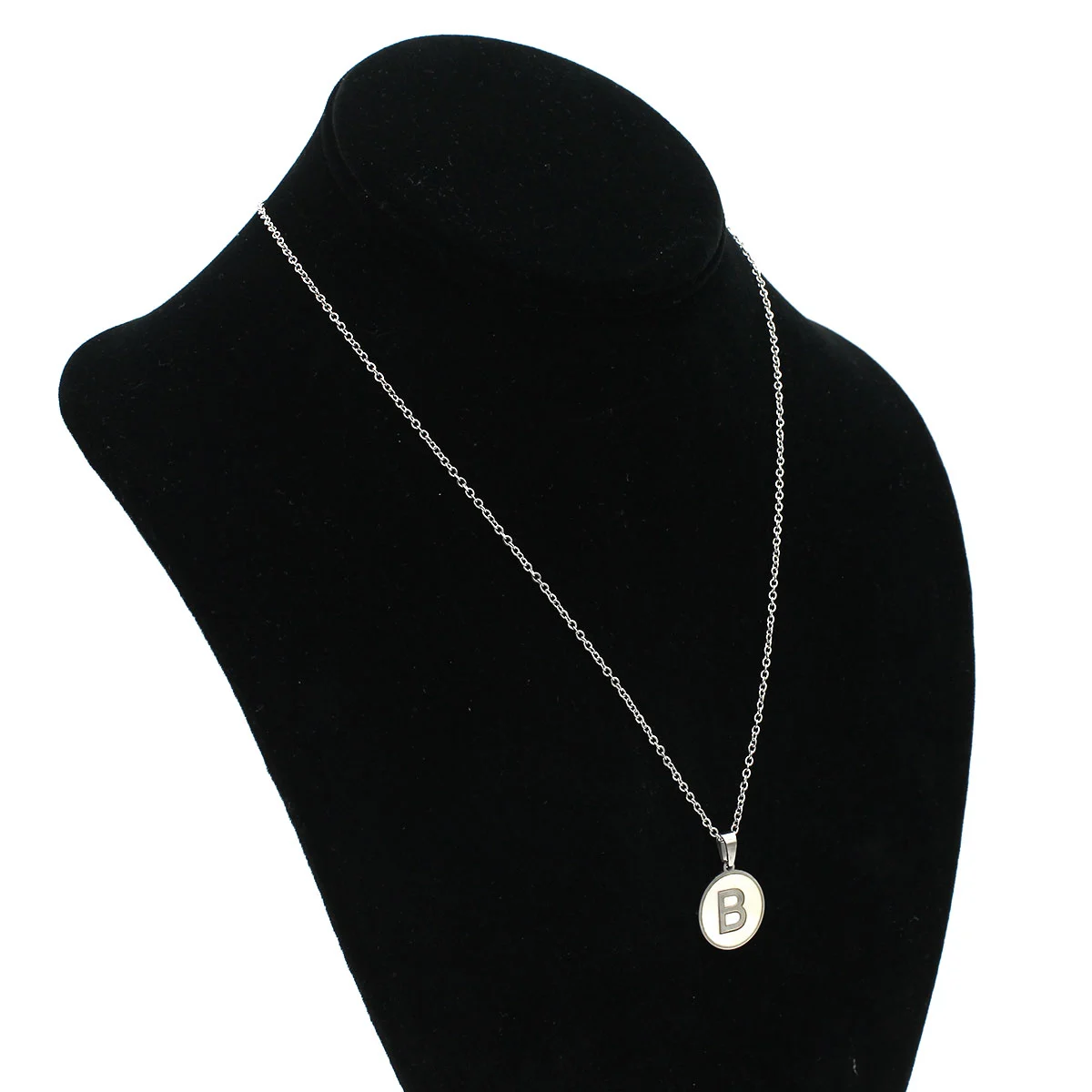 Collar Acero Plateado Circular Letra B Madre Perla