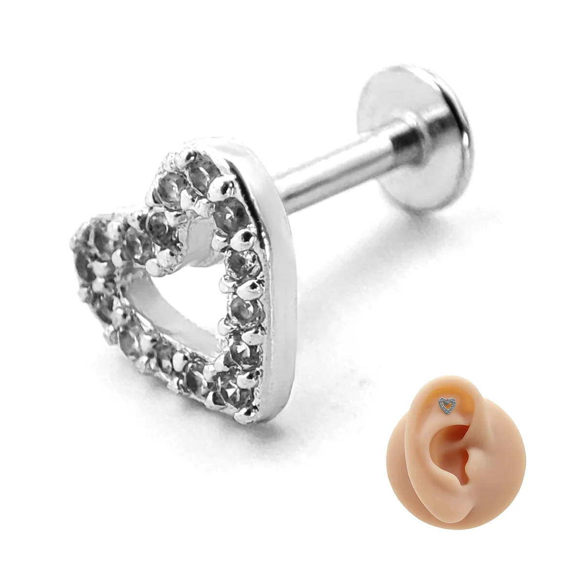 Piercing de Oreja Acero Corazón Contorno Cristales Claros