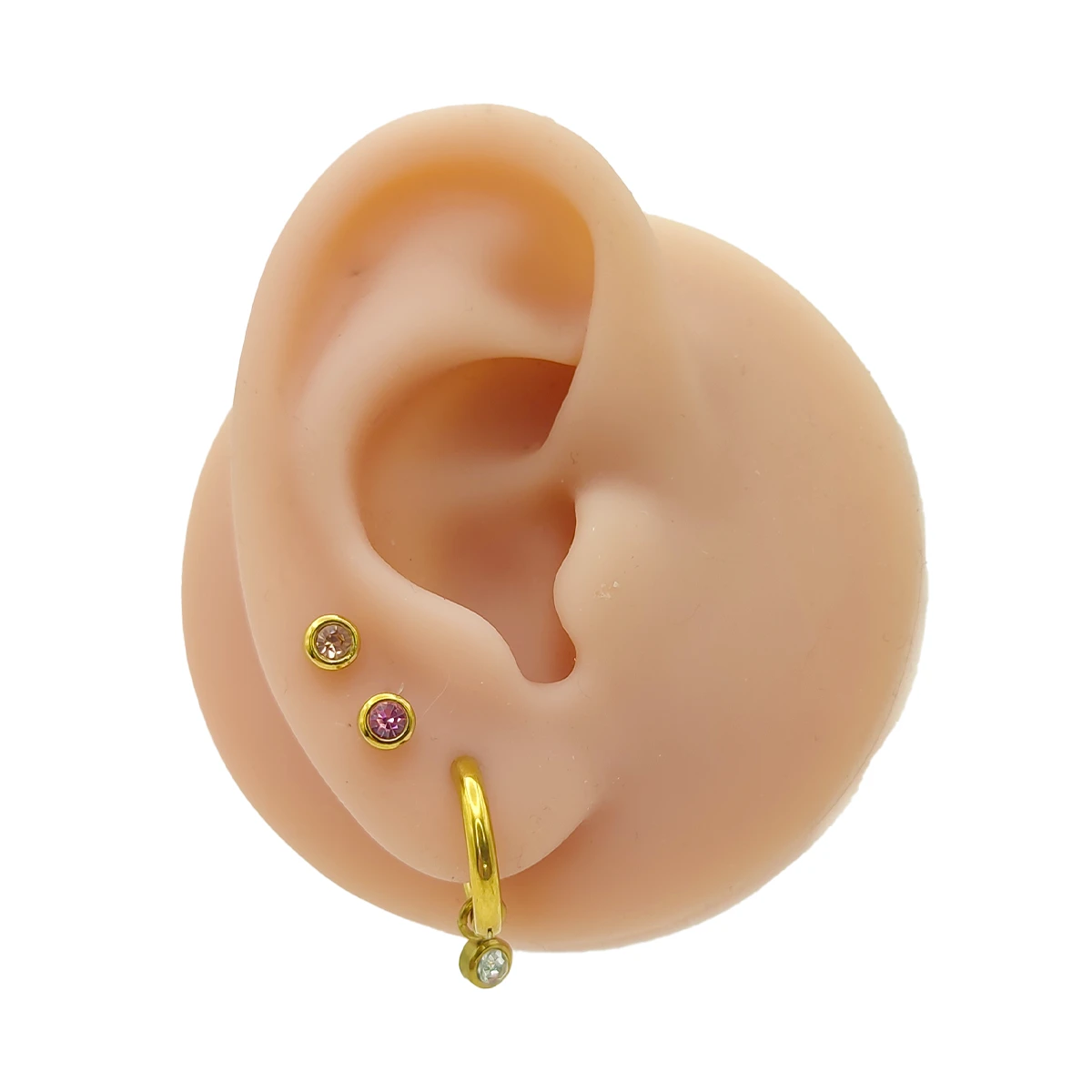 Set Aretes Acero Dorado Huggies Cristales Redondos Rosa