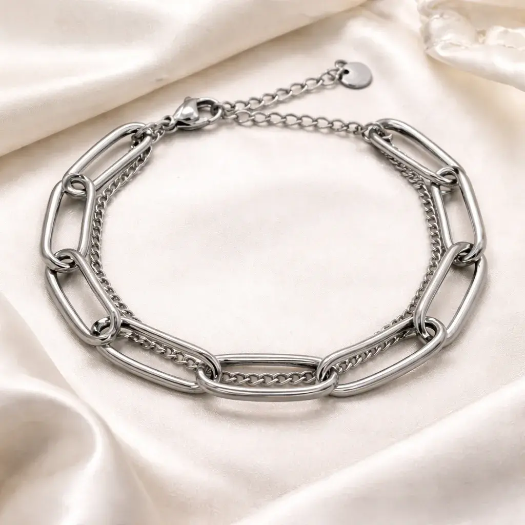 Pulsera Acero Plateado Doble Eslabon Largo Ancho y Cubana