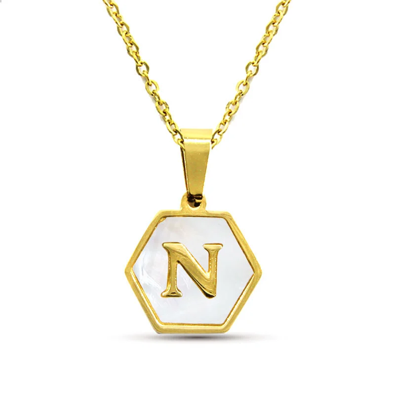 Collar Acero Inox Dorado Hexagonal Letra N Madre Perla