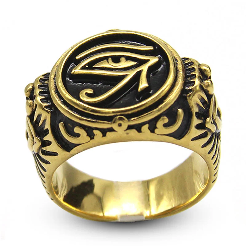 Anillo Hombre Acero Inoxidable Dorado Negro Ojo de Horus