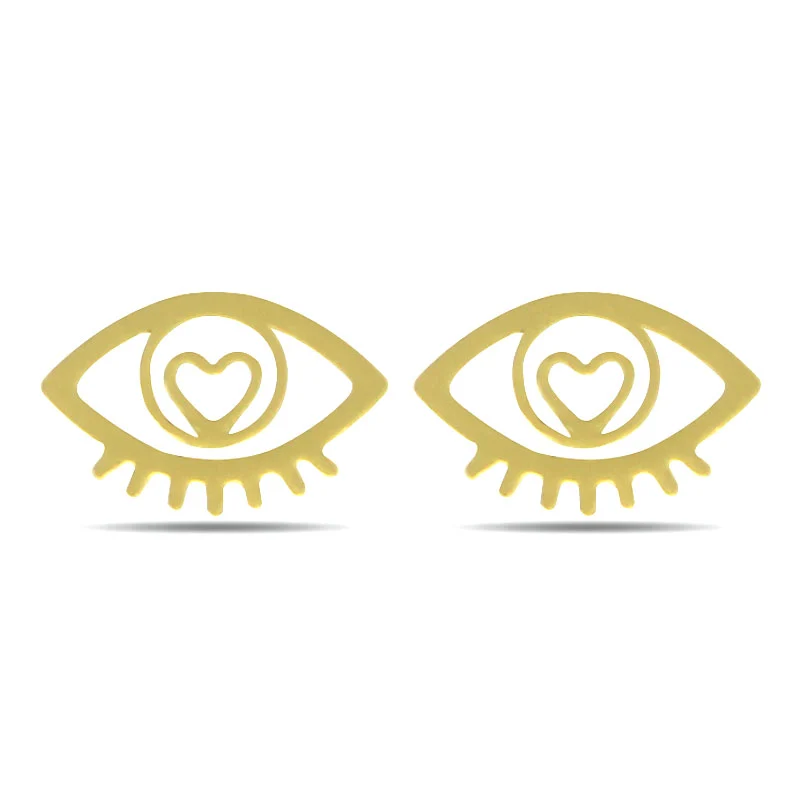 Aretes Tipo Broquel Acero Inoxidable Dorado Ojos Corazón