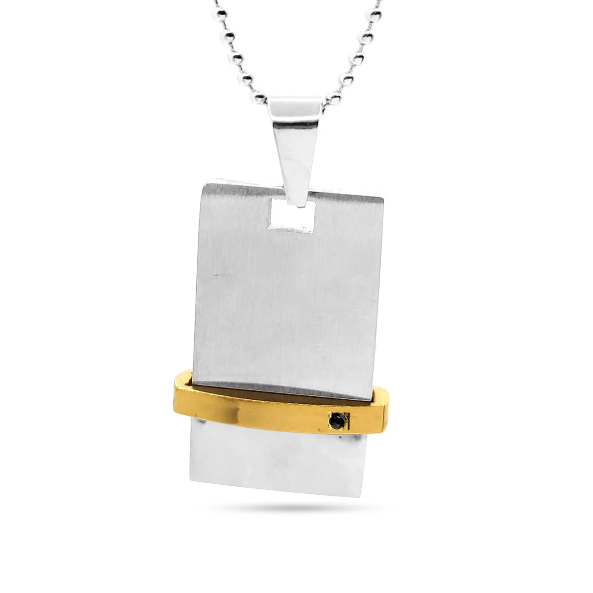 Collar Acero Plateado Placa Linea Dorada Zirconia Clásico