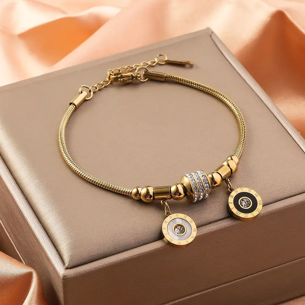 Pulsera Acero Dorado Cola de Rata Circulo Madre Perla