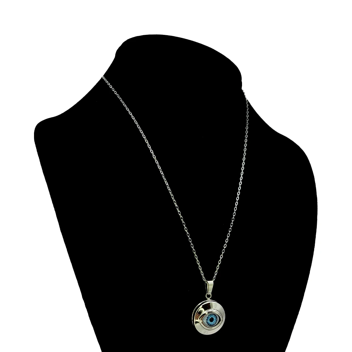 Collar Acero Plateado Relicario Liso Ojo Realista Azul
