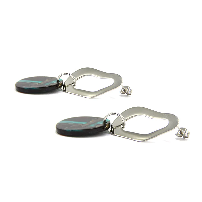 Aretes Acero Plateado Oval Colgante Acrilico Marmoleado