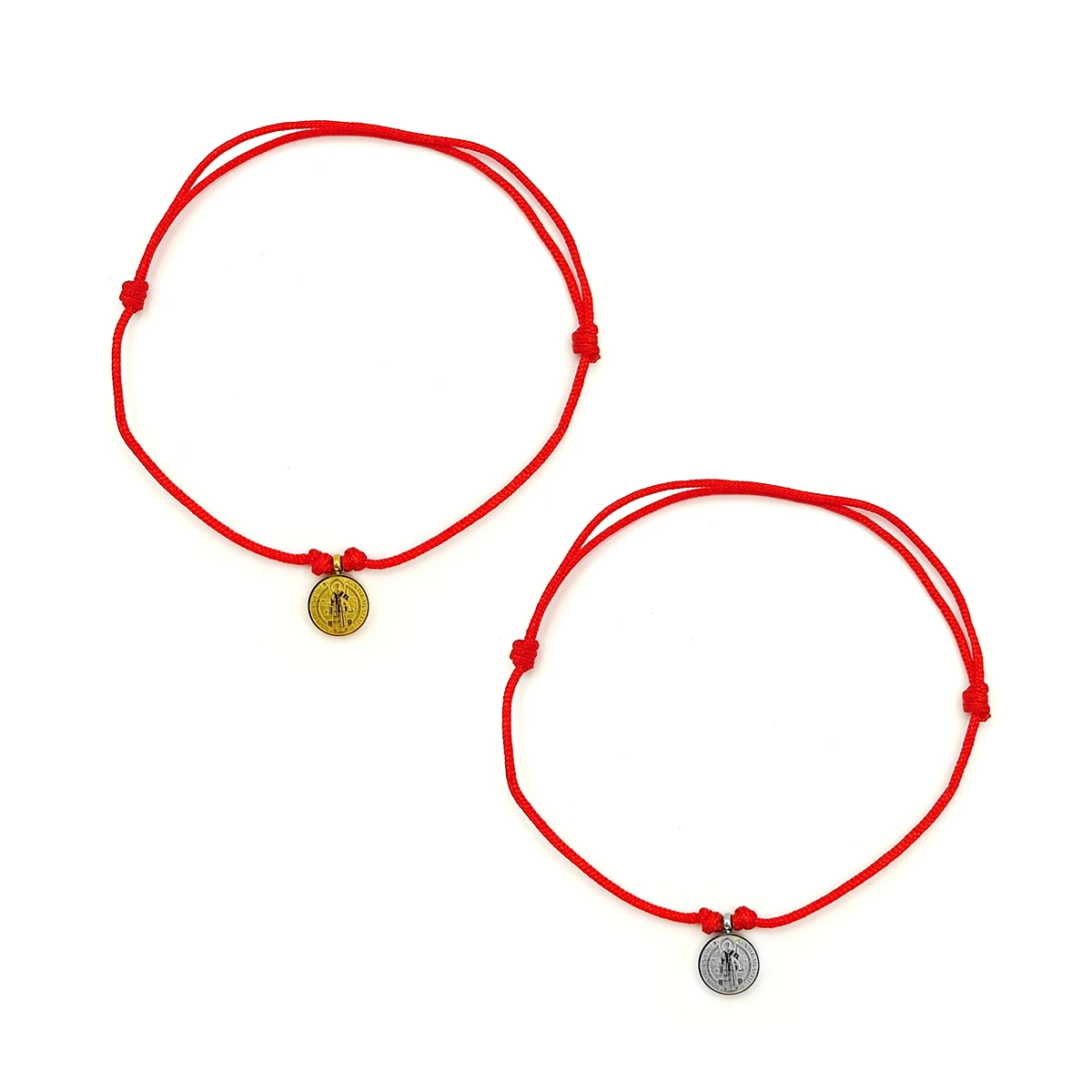 Pulsera Acero Inox Mini Medalla San Benito Hilo Rojo 8 mm