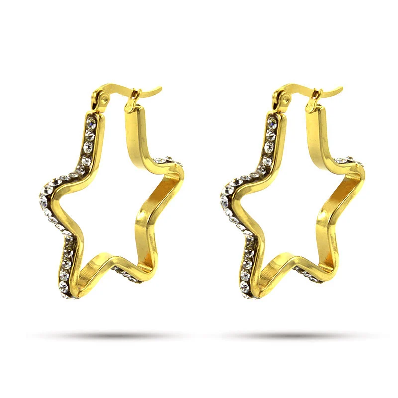 Aretes Acero Dorado Arracada Estrella Zirconias 29x24mm