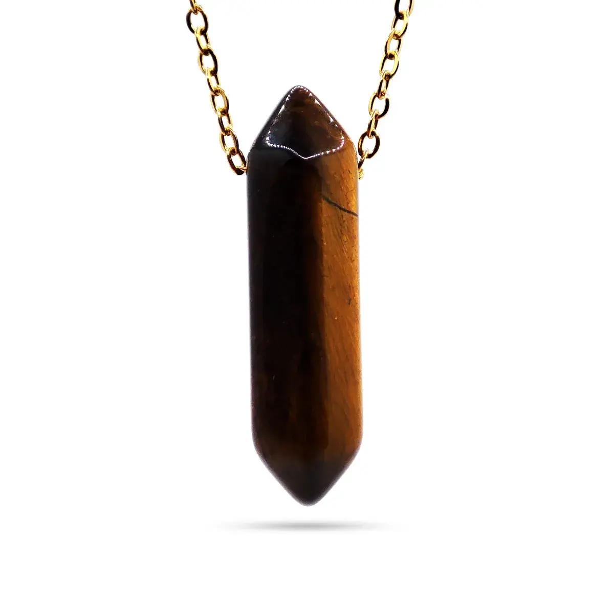 Collar Acero Inox Dorado Péndulo Doble Punta Ojo de Tigre