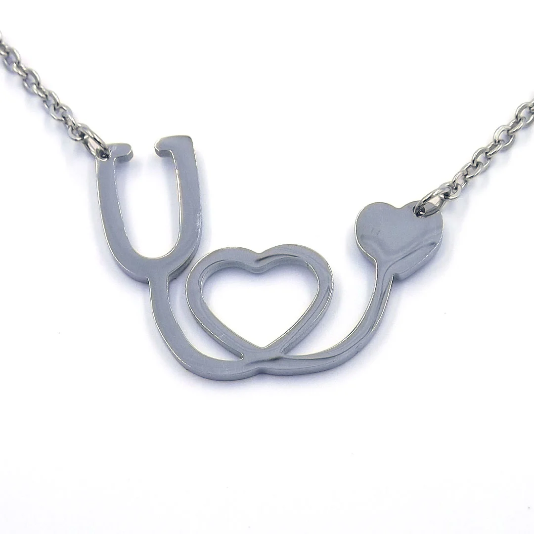 Collar Acero Plateado Estetoscopio Medico Corazón