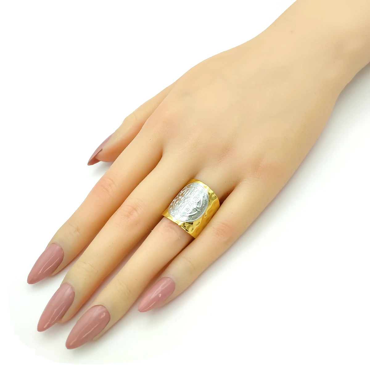 Anillo Acero Inox Bicolor San Benito Martillado Ajustable