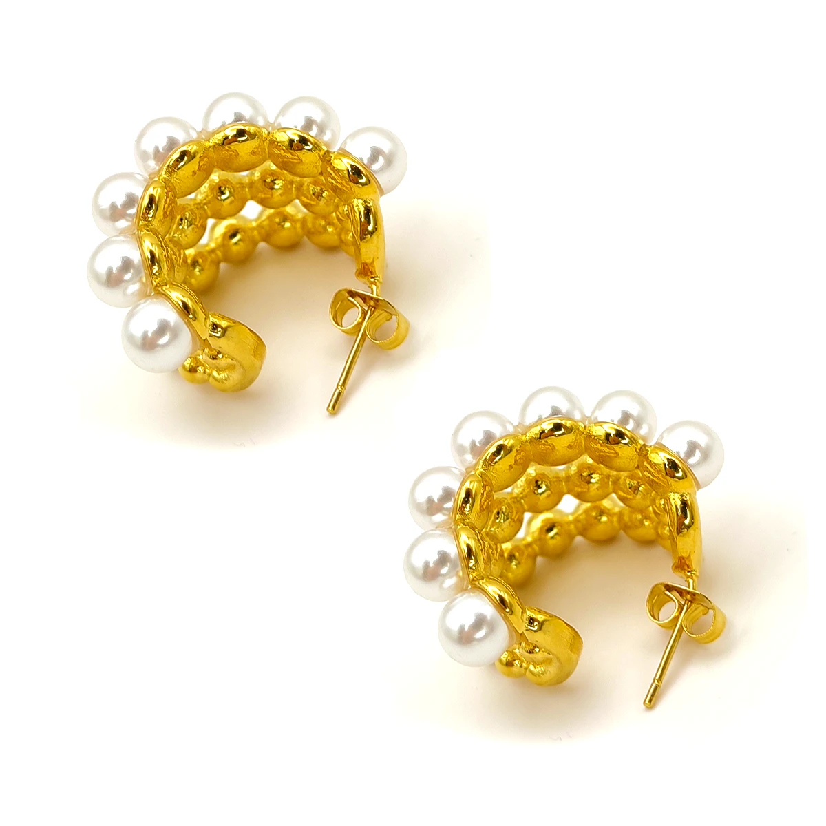 Aretes Acero Dorado Triple Arracada Perlas Balines 28 mm