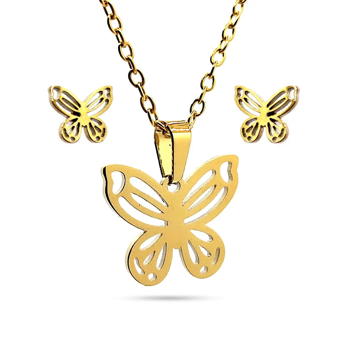 Set Joyería Inox Acero Dorado Mariposa Calada Libertad