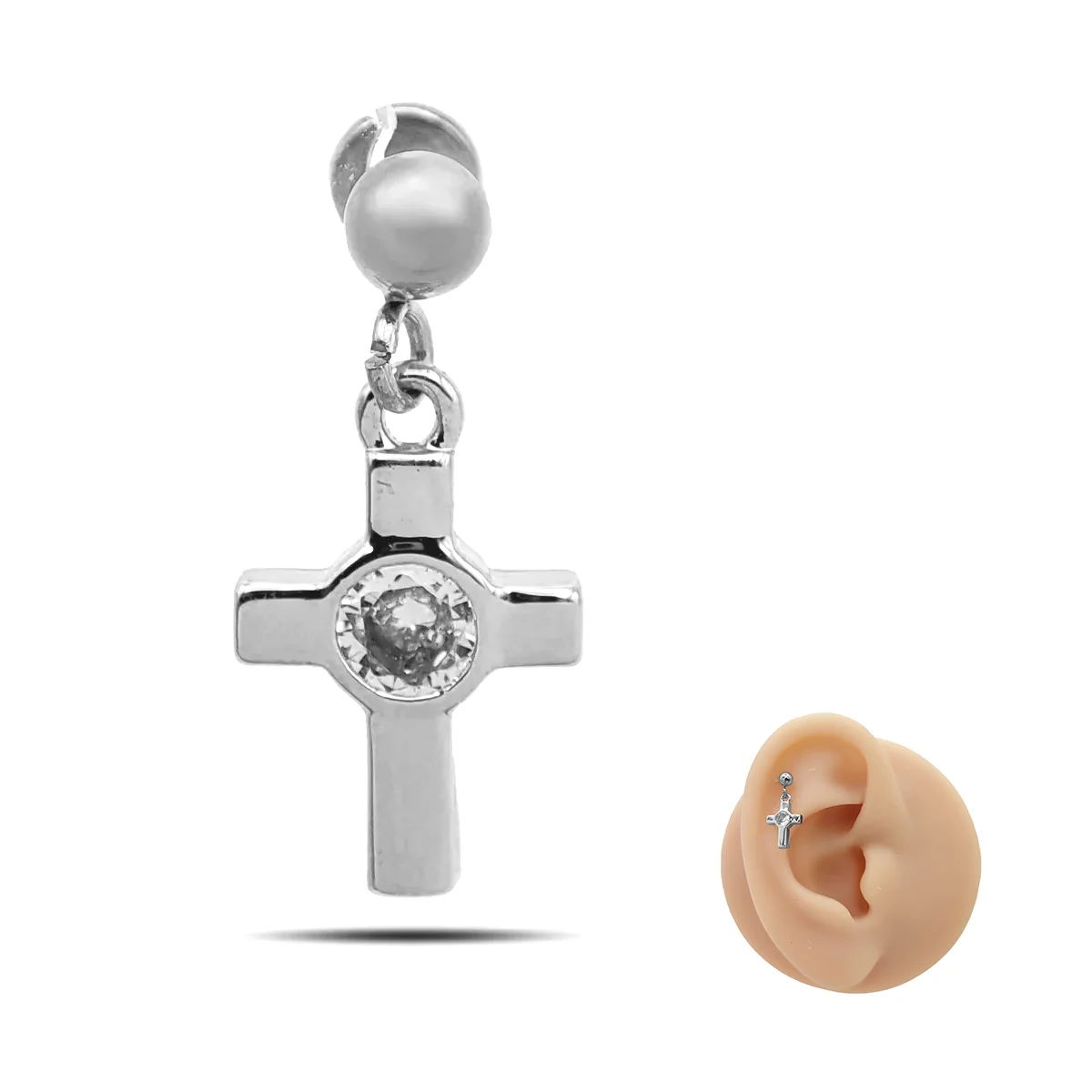 Piercing de Oreja Acero Bola lisa Colgante Cruz Cristal
