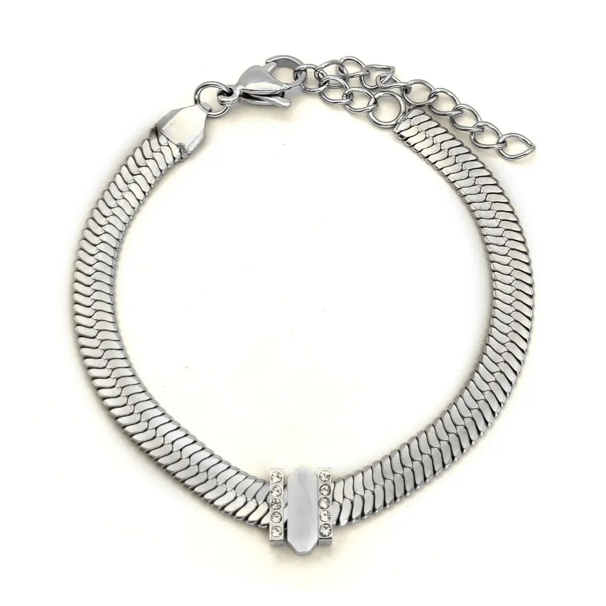 Pulsera Acero Planchada Cuenta Delgada Grabado Zirconia