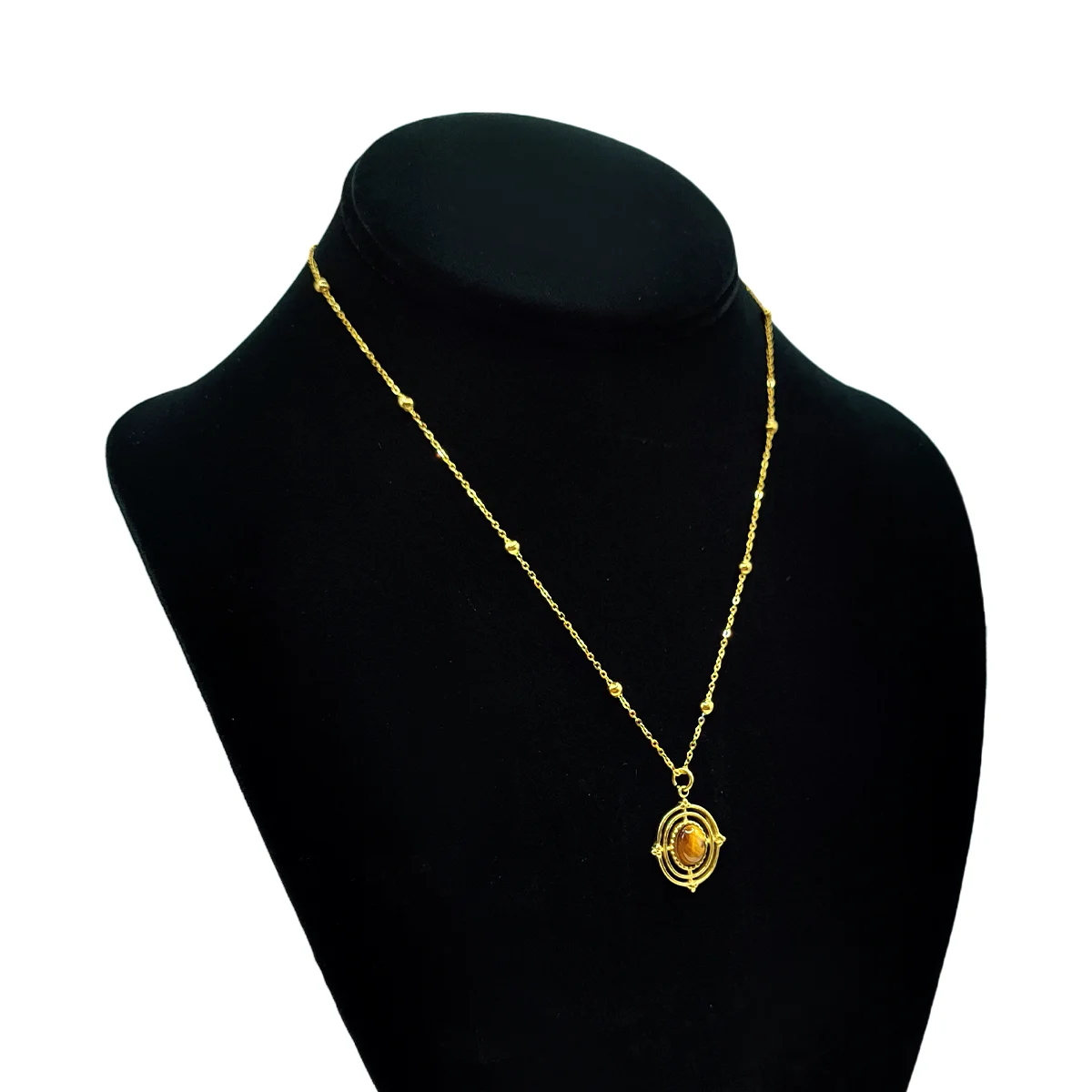 Collar Acero Dorado Bohemio Ojo de Tigre Cadena Balines