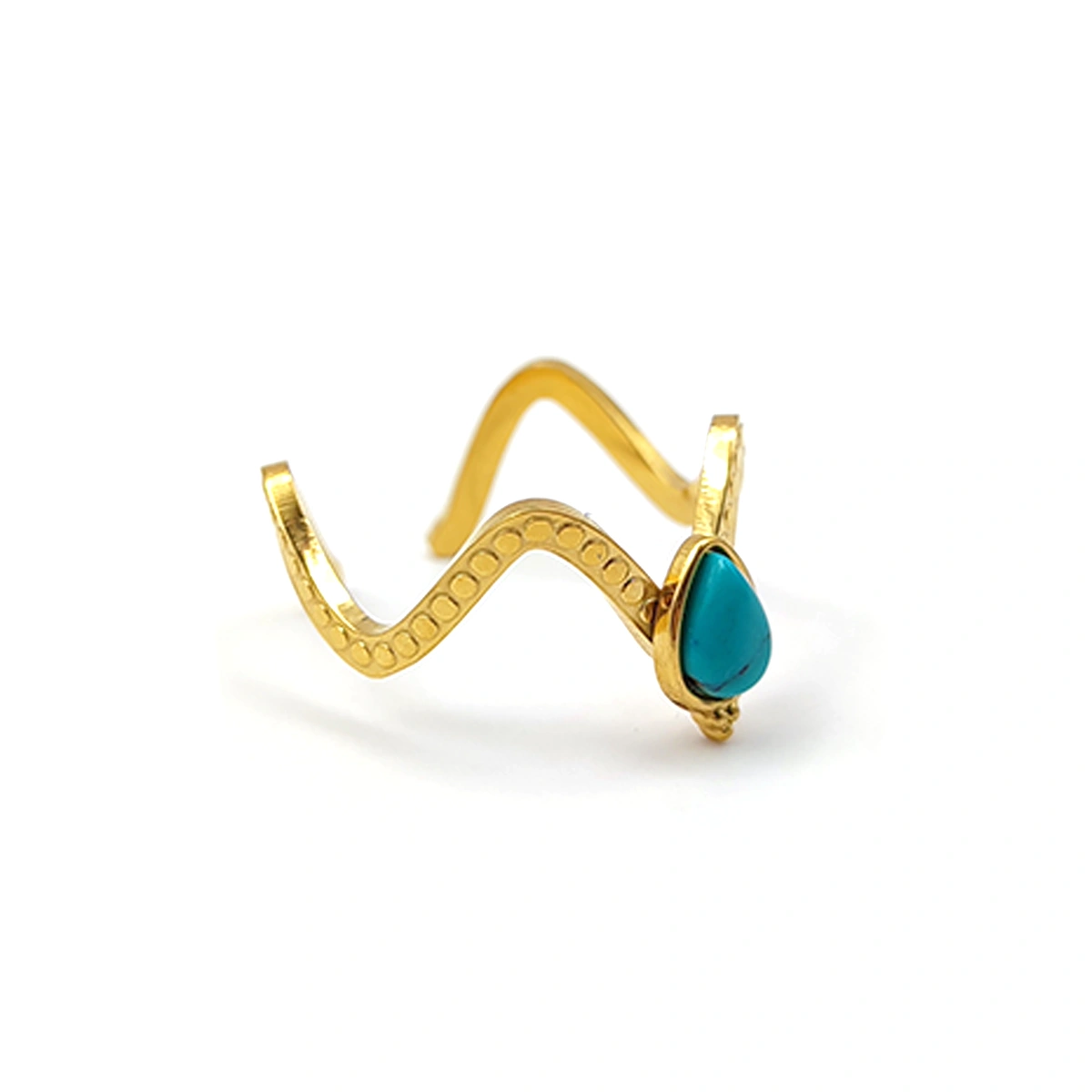Anillo Acero Inox Dorado Ajustable Slim Zig Zag Turquesa