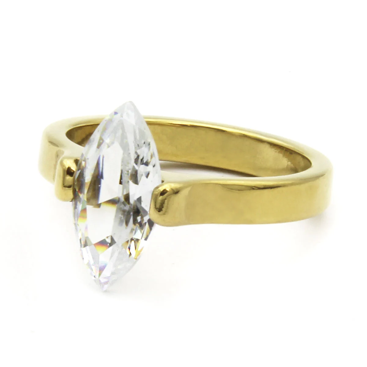 Anillo Acero Dorado Cocktail Zirconia Clara Cubica Rombo