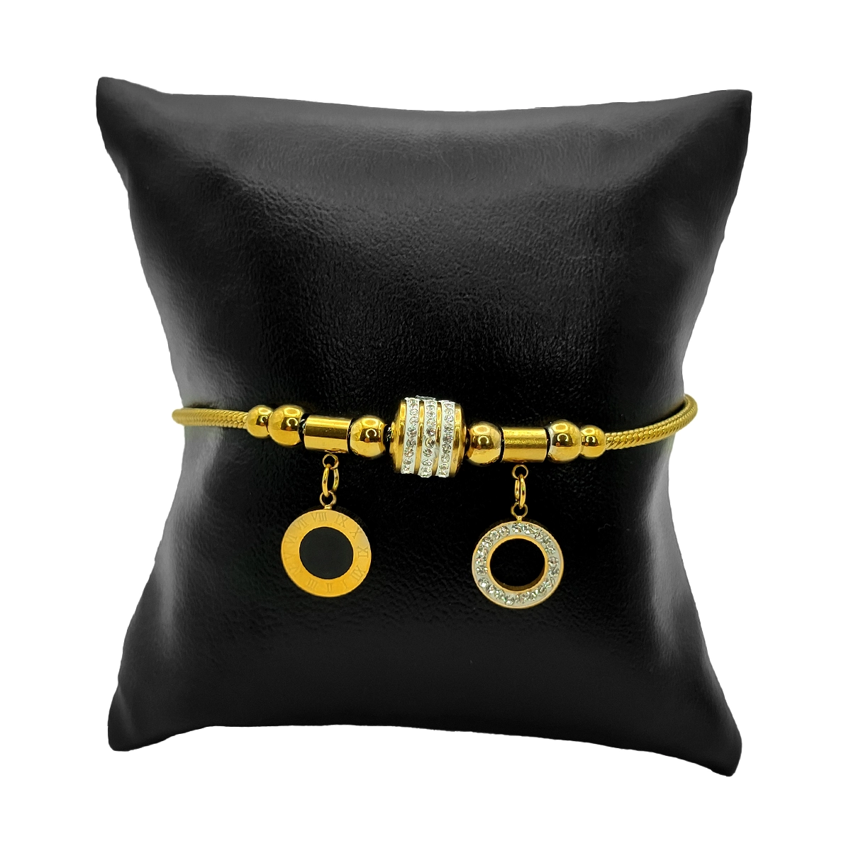 Pulsera Acero Dorado Cola de Rata Circulo Negro Resina