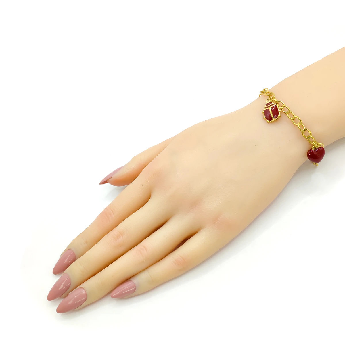Pulsera Acero Dorado Colgante Ojo Catarina Corazon Rojo
