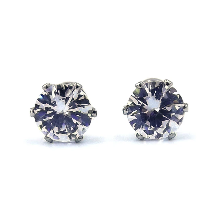 Aretes Acero Plateado Broquel Dormilón Zirconia 6mm