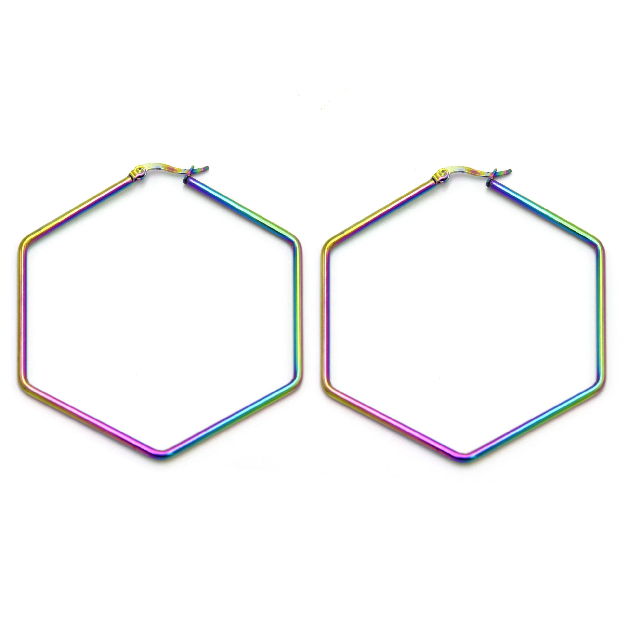 Aretes Acero Ionizado Arracada Hexagono Unicorn Arcoiris