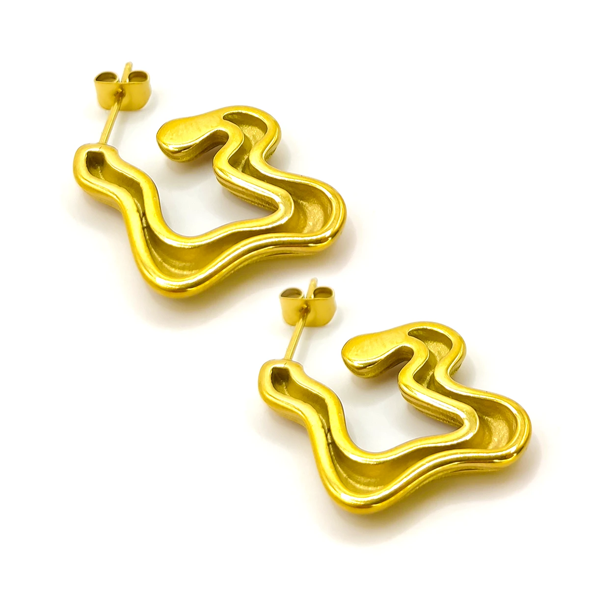 Aretes Acero Dorado Arracadas Olas Irregulares Abstracto