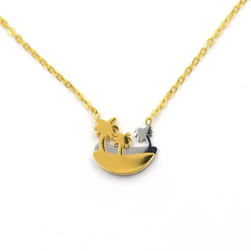 Collar Acero Dorado Micro Isla Tropical Palmeras
