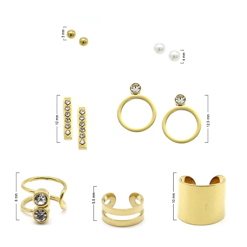 Set de Aretes Broquel Ear Cuff Acero Inoxidable Dorado