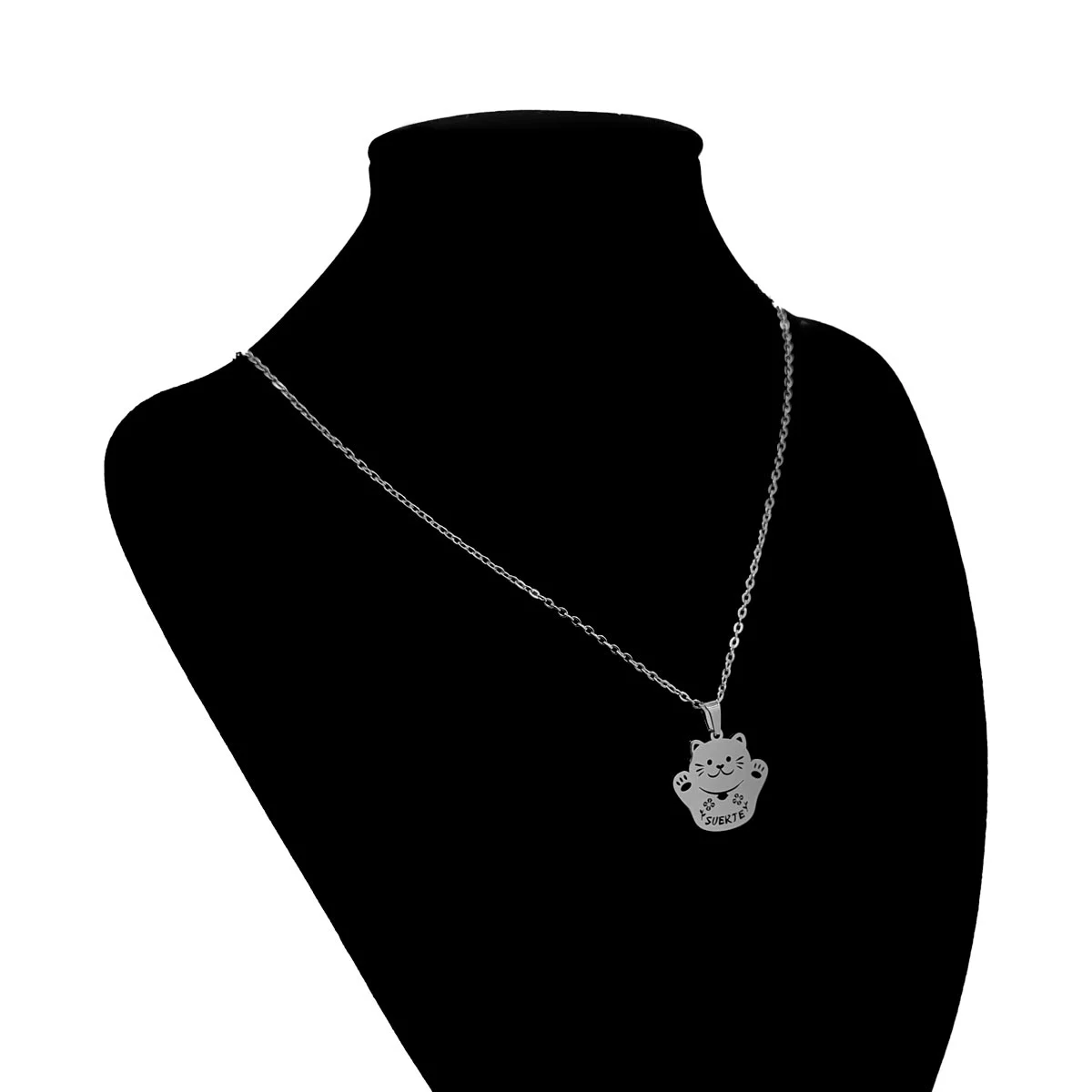 Set Joyería Acero Plateado Gato Suerte Fortuna Gatito