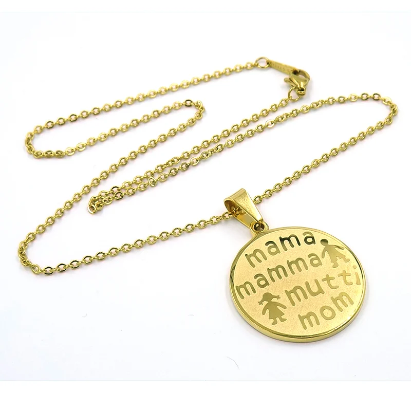 Collar Acero Dorado Medalla Mamá en Varios Idiomas