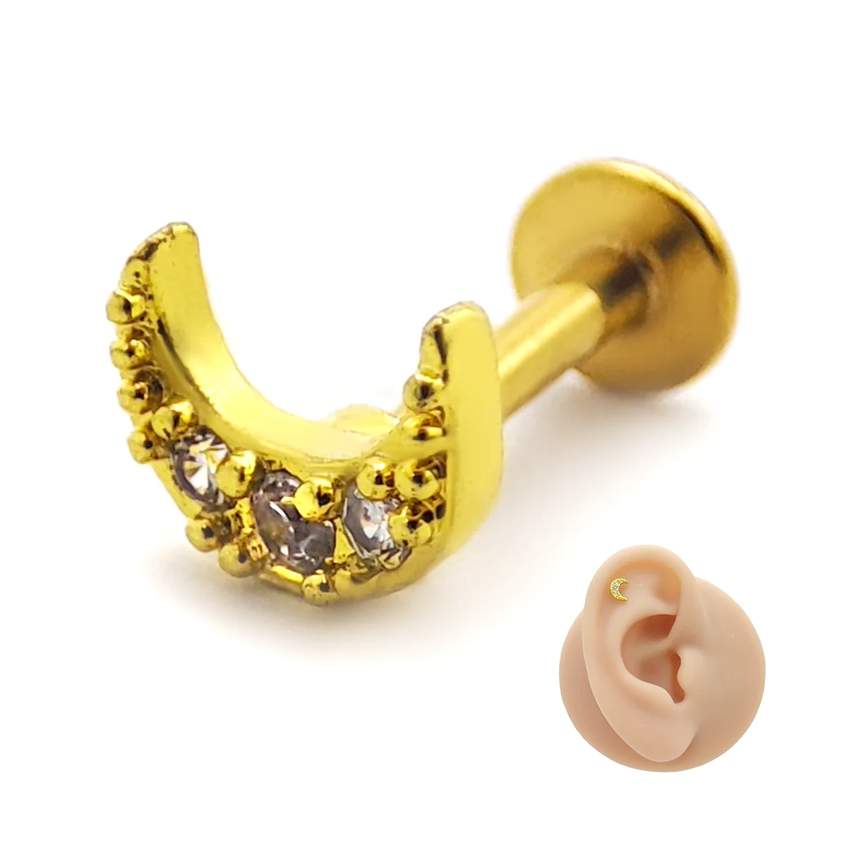 Piercing de Oreja Acero Mini Luna Creciente Cristales