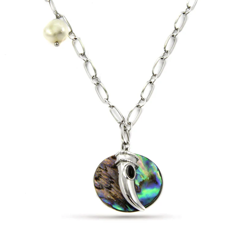 Collar Acero Inox Plateado Colmillo Abulon Perla Natural