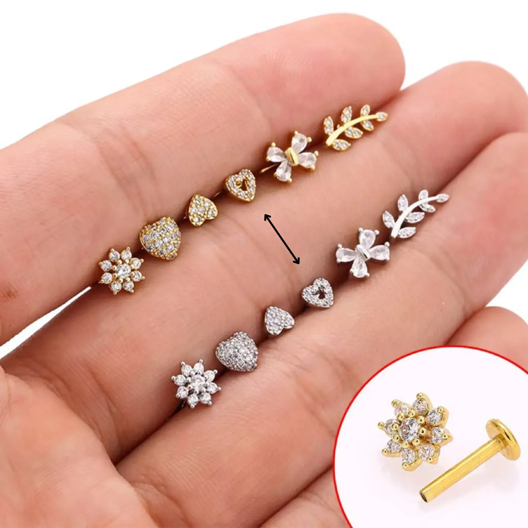 Piercing de Oreja Acero Mini Corazon Contorno Cristales